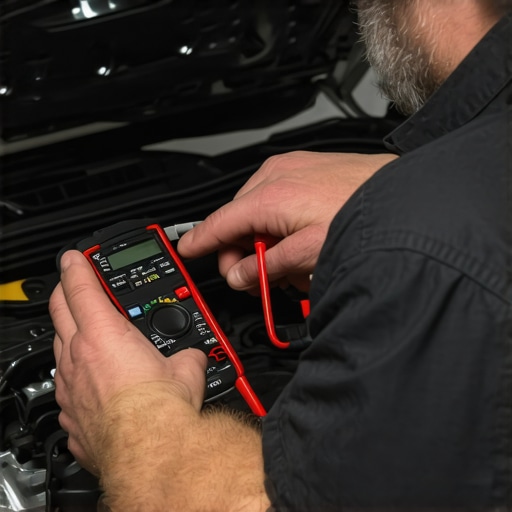Technician using multimeter and scan tool for vehicle diagnostics