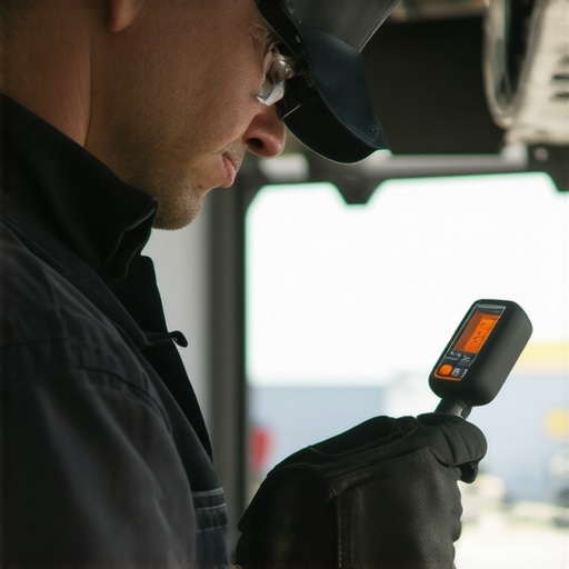Technician measuring torque and temperature for vehicle maintenance