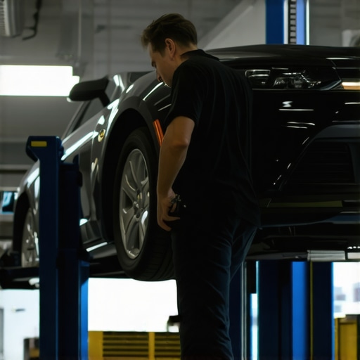 Technician inspecting a car's wheel alignment during maintenance
