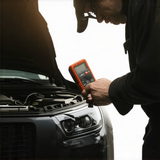 Mechanic testing vehicle electrical system with multimeter and scanner in a garage