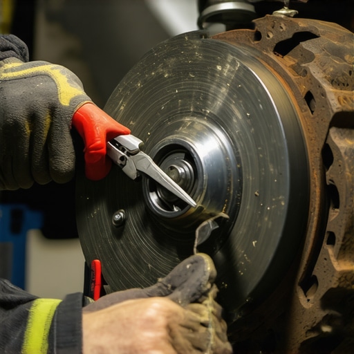 Hands adjusting brake dust shield to stop squealing noise