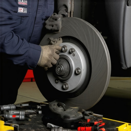Removing a stubborn brake rotor Car repair technician using tools to detach a rusted brake rotor in a garage