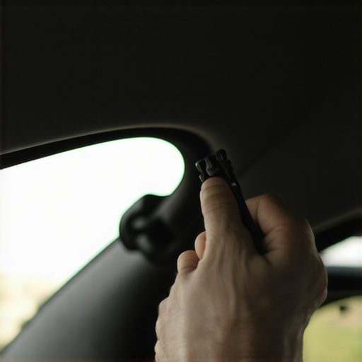 Person replacing broken clips in a car sun visor hinge