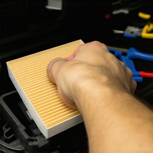Person changing a car's cabin filter behind the glove box.
