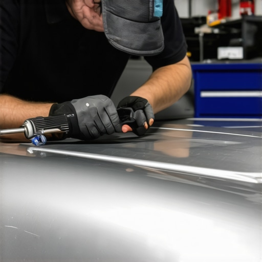 Technician fixing a small crease on a car's aluminum fender using heating and gentle hammering techniques.