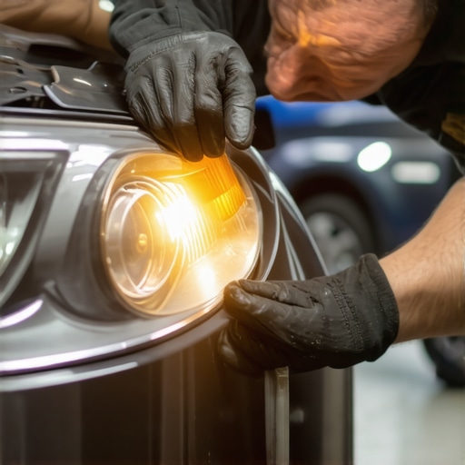 A technician applying silicone sealant around a car headlight to prevent moisture ingress.