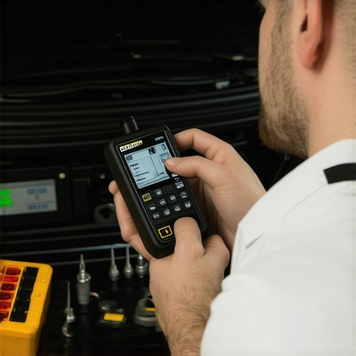 Automotive technician performing sensor calibration with specialized tools in a repair shop.