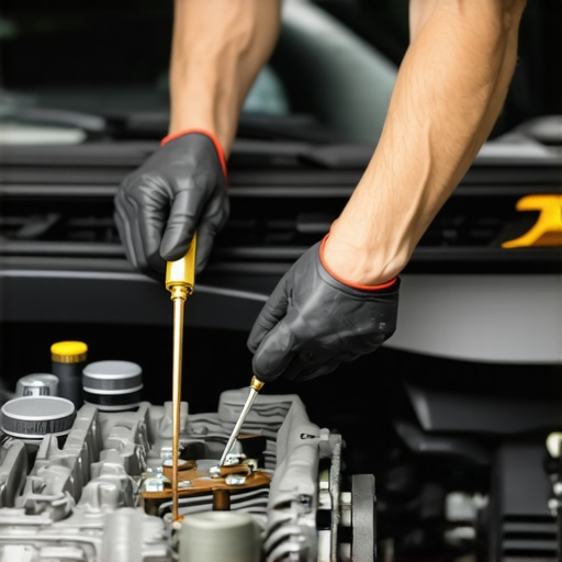 Mechanic analyzing transmission fluid and sensors with tools