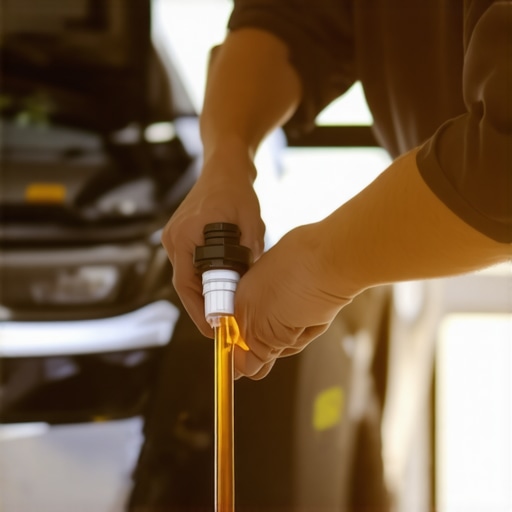 Mechanic checking transmission fluid level and condition in a garage setting.