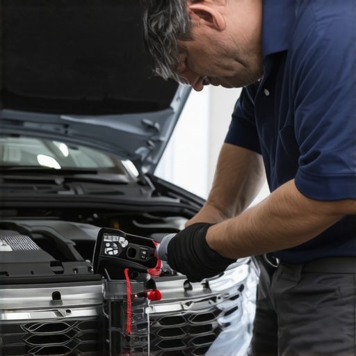 Mechanic checking transmission fluid in vehicle engine bay.
