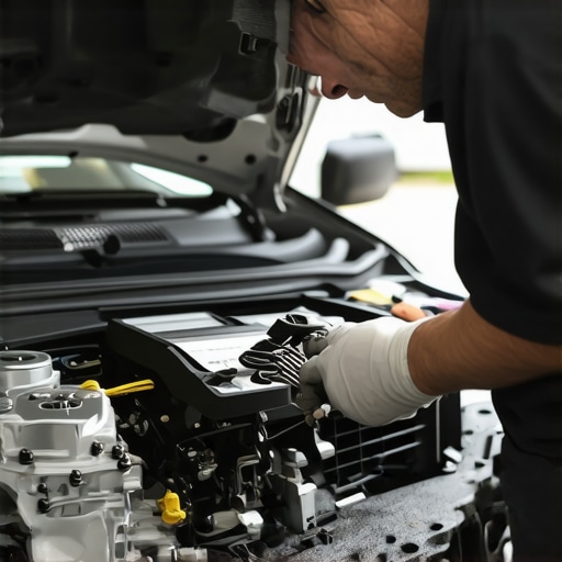 Mechanic inspecting transmission components under the car