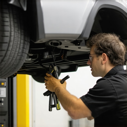 Mechanic examining a car's transmission system with tools.