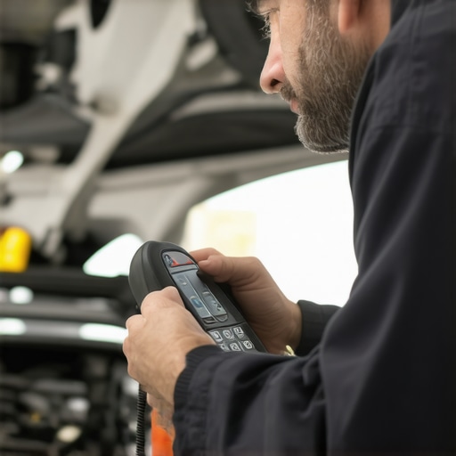 Using Advanced Diagnostic Tools for Vehicle Maintenance Mechanic working with diagnostic scanner in auto repair shop.