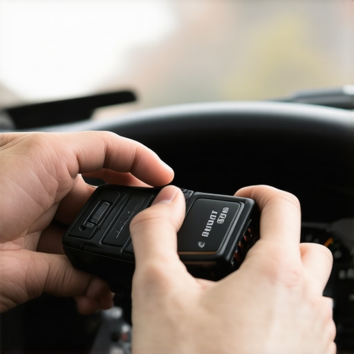 Mechanic connecting a Bluetooth OBD-II scanner to a car's diagnostic port