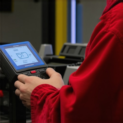 A mechanic operating a sophisticated automotive diagnostic tool during repair work.