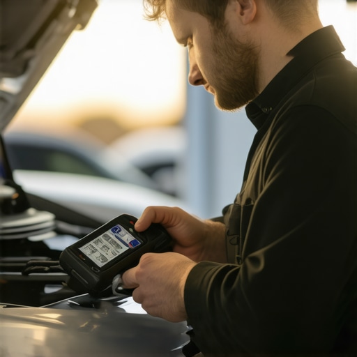 Mechanic analyzing vehicle data with an advanced OBD-II scanner during car repair
