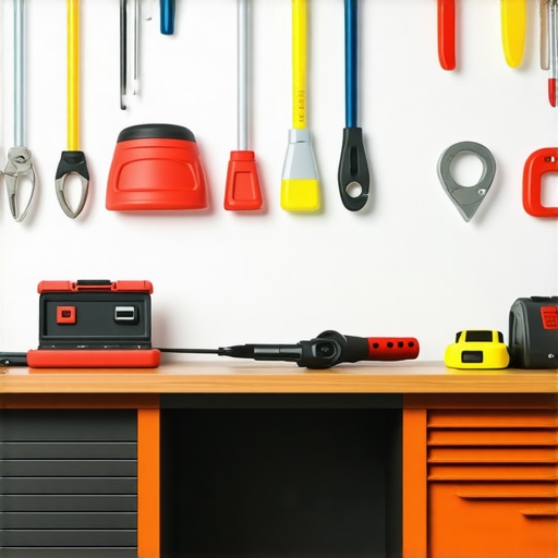 Workshop with Vehicle Maintenance Tools A mechanic's workspace featuring diagnostic scanners, torque wrenches, and repair tools laid out for car servicing.