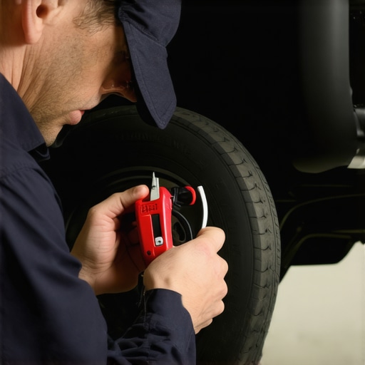 Mechanic inspecting car brakes with diagnostic equipment in a repair shop.