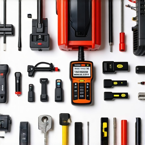 A collection of high-end automotive repair tools on a workbench, demonstrating professional-grade equipment for maintenance and repair tasks.