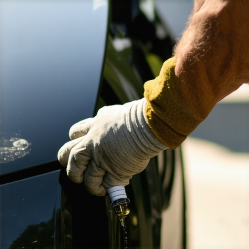 Applying penetrating oil to a car's hood latch A person spraying lubricant onto a car's hood latch to prevent sticking