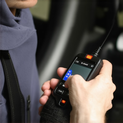 Person inspecting car diagnostics with a handheld scan tool in a garage.