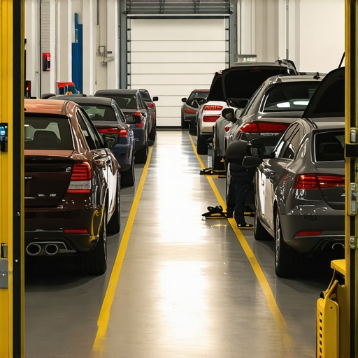 Technicians working in an auto repair shop equipped with diagnostic equipment and hand tools.