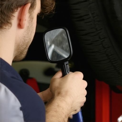 Mechanic inspecting car engine with digital mirror and tightening wheel lug nuts with torque wrench