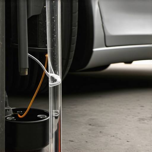 Mechanic bleeding brake lines using a transparent tube and tools in a garage.