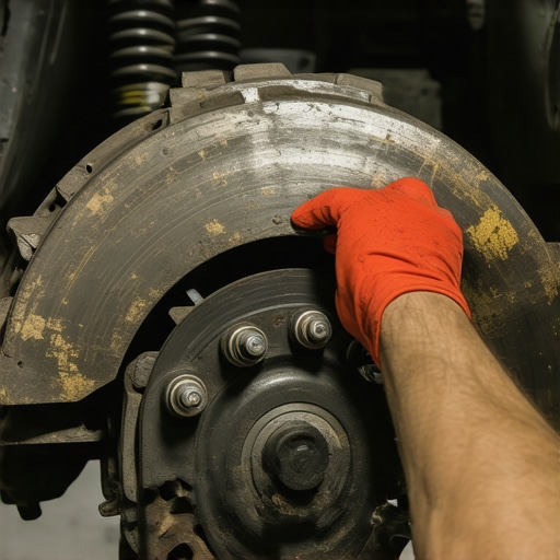 Mechanic examining brake pads and calipers for uneven wear