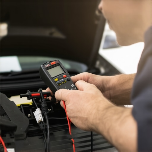 Technician measuring car electrical circuit with multimeter