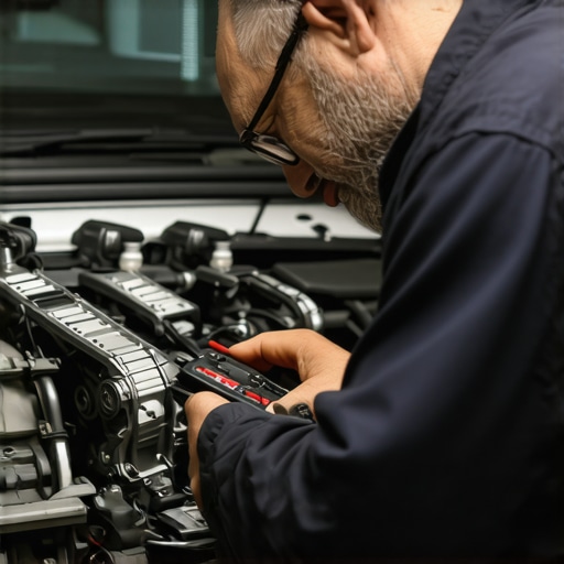 Mechanic inspecting car transmission with diagnostic tools