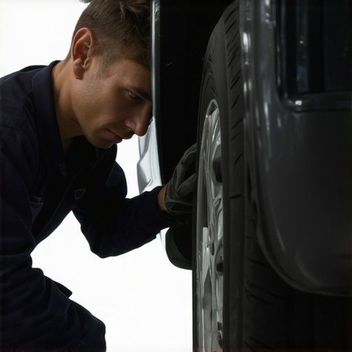 Mechanic using tools to align a vehicle's bumper in a garage