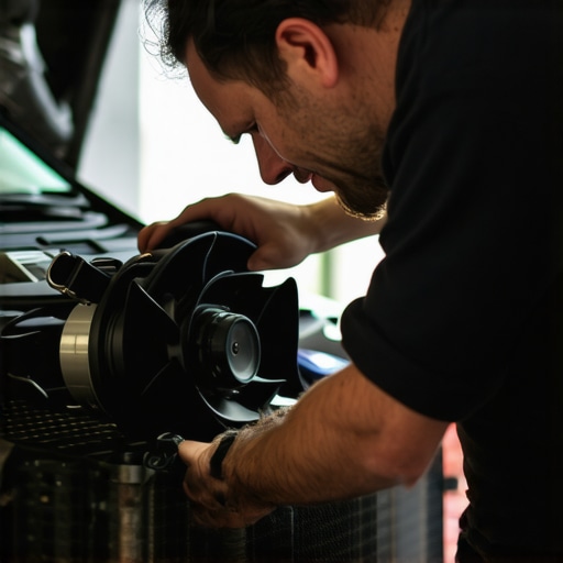 Mechanic checking radiator and cooling fan in engine bay forTroubleshooting radiator and fan issues