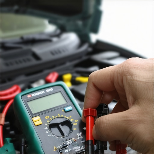 A mechanic using a multimeter to measure the voltage of a car battery, highlighting the importance of electrical diagnostics.