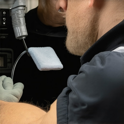 Mechanic cleaning a rearview camera lens to restore image clarity