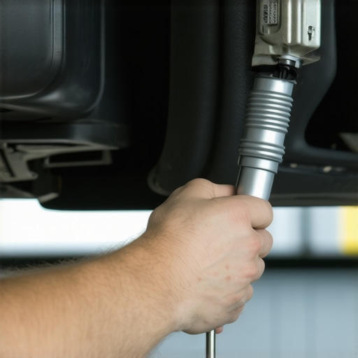 Mechanic cleaning the HVAC drain tube of a car with a small wire in a bright garage setting.