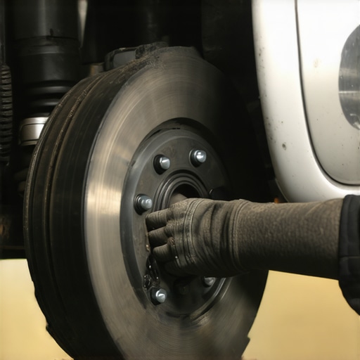 Mechanic examining brake pads and rotors during vehicle maintenance