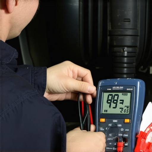 Mechanic measuring resistance of coolant temperature sensor in a car engine bay.