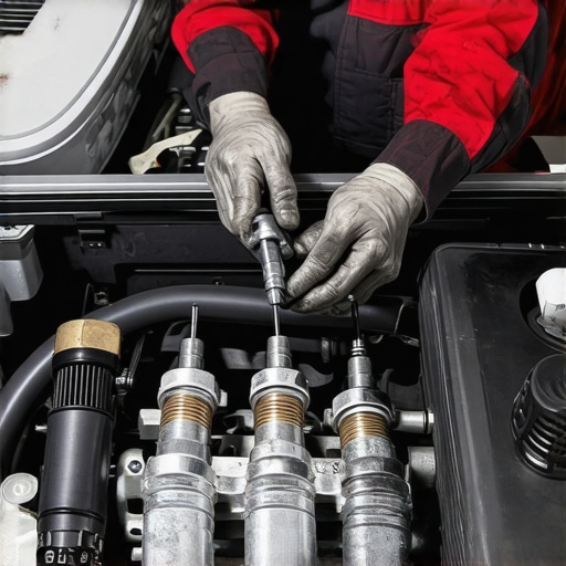 Mechanic inspecting engine components to diagnose hesitation issues.