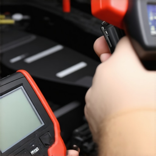 Person torque-tightening a car bolt while reviewing diagnostic readings on a scanner.