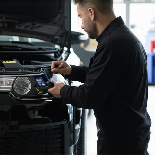 Auto mechanic diagnosing car transmission with specialized tools.