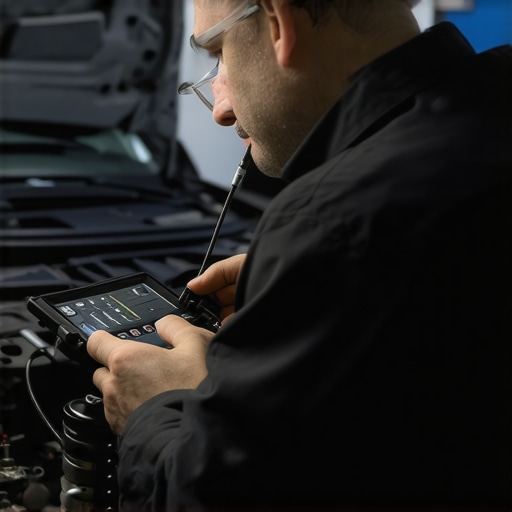 Technician analyzing a car's transmission system using diagnostic equipment