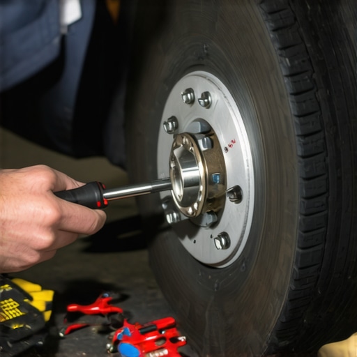 Mechanic inspecting brake pad wear with tools in a workshop