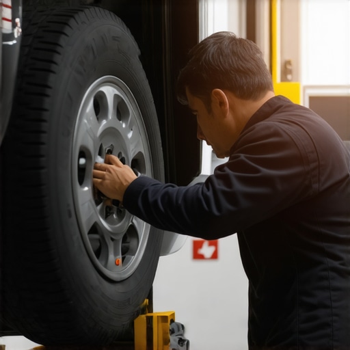Mechanic examining transmission system with tools in a professional auto repair shop.