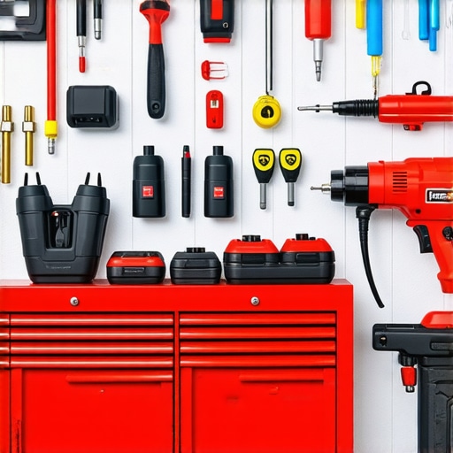 A well-organized auto repair workspace showing diagnostic scanners, heat guns, and alignment tools.
