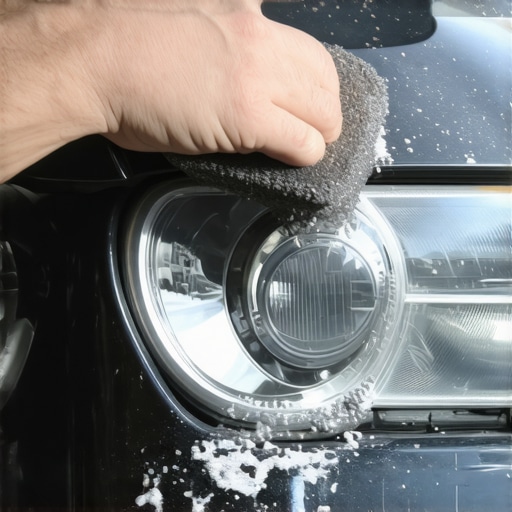 Person sanding a car headlight with wet sandpaper to remove oxidation and haze.