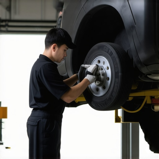 Mechanic examining brake pads and rotors during repair