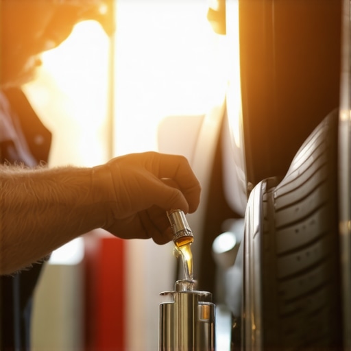 Mechanic checking brake fluid reservoir and hoses for leaks or damage in a garage