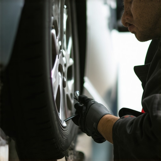 Mechanic examining brake components during service