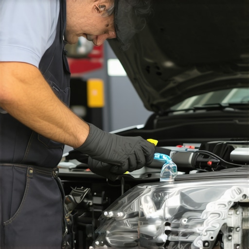 Mechanic checking transmission fluid in a car engine bay.
